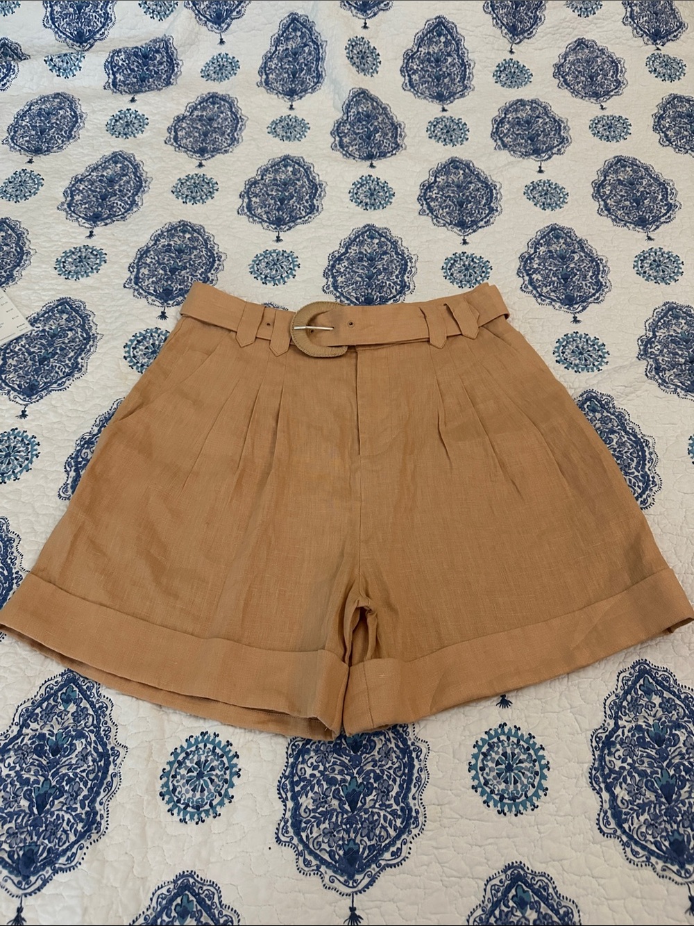 NWOT FARM Rio Tan High-Waist Belted Pleated Shorts